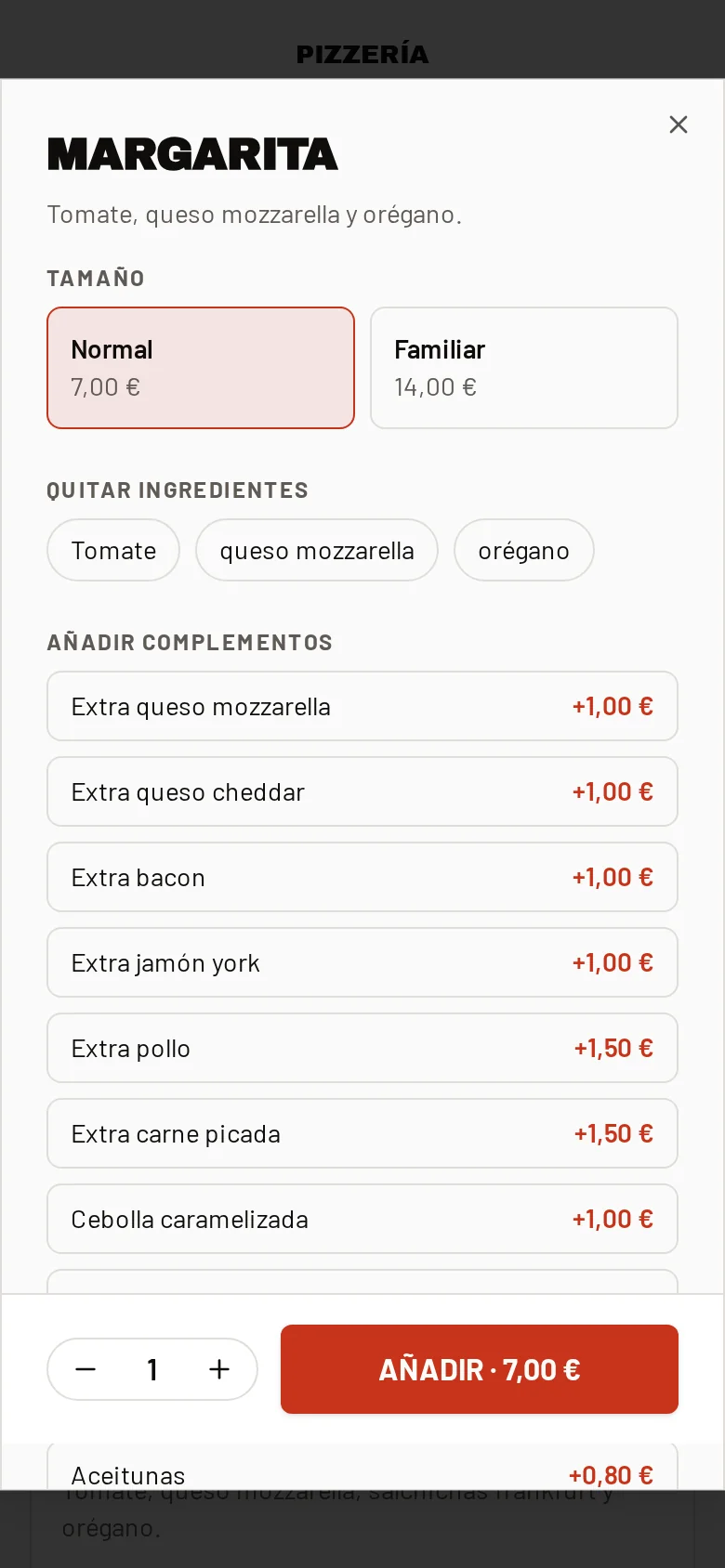 Personalización de una pizza en la web móvil de Saque