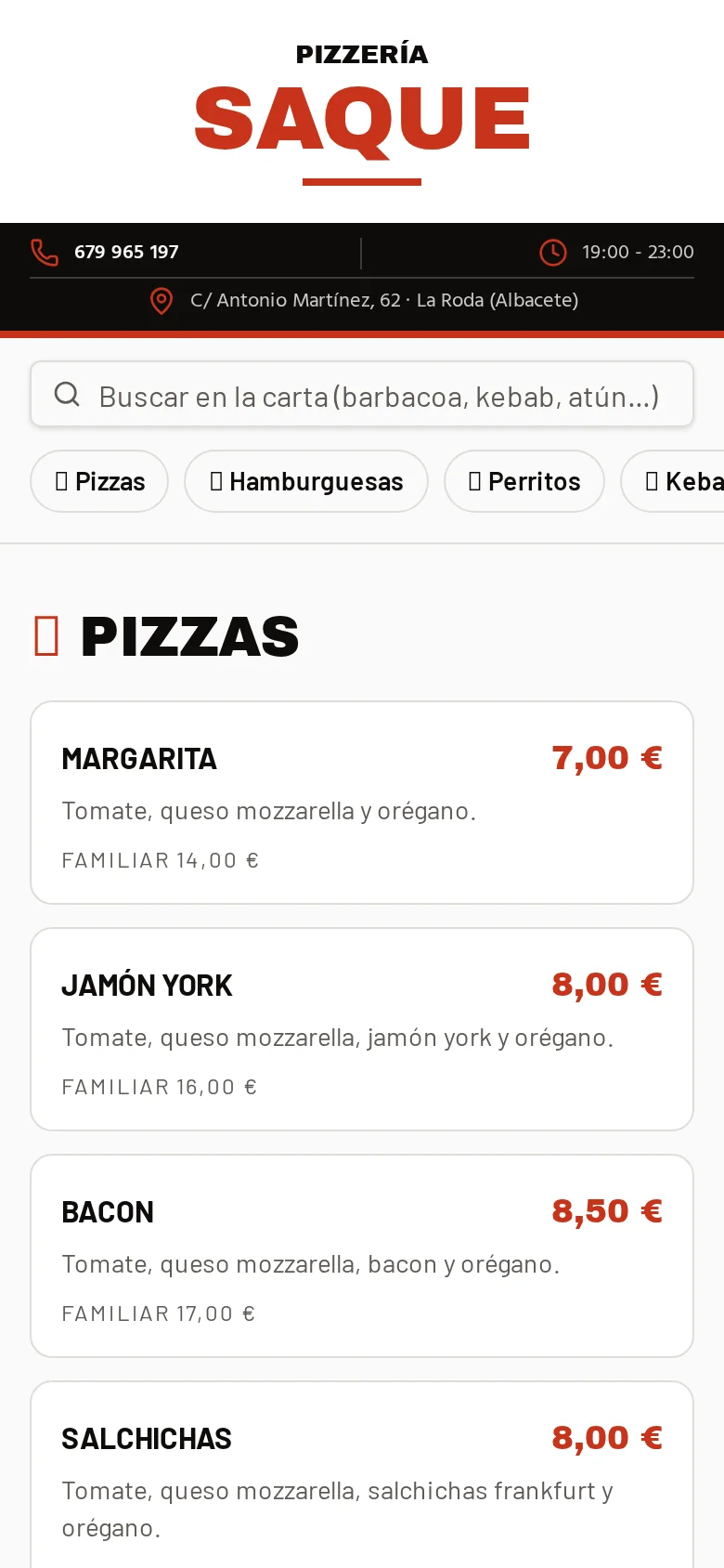 Carta móvil de Pizzería Saque con pizzas y buscador